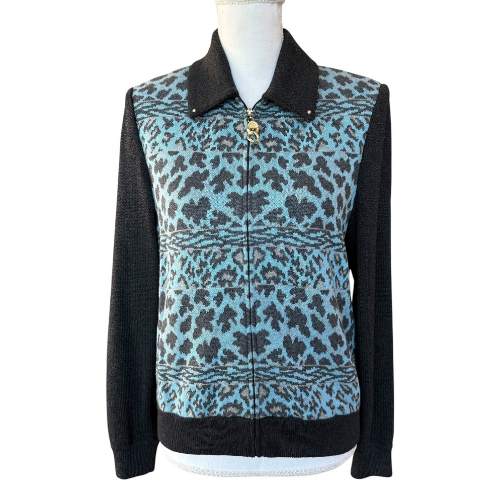 ST JOHN Leopard Print Zip Front Knit Jacket Blazer Women's‎ Size 6